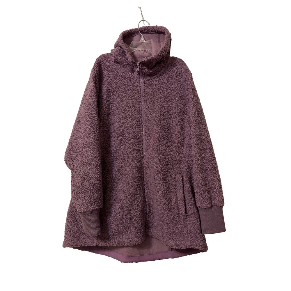 Lands End Womens XL Purple Sherpa Fleece Full Zip Hooded Jacket Tunic Coat